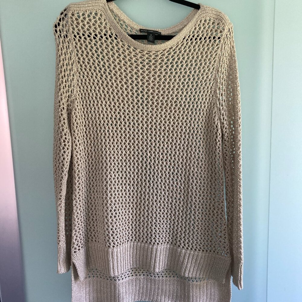 CHICO'S Black Label Sweater Sz 2 Gold Open Mesh Knit Tunic Length Long Sleeve